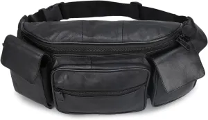 Leatherboss Genuine Leather Waist Fanny Pack Belt Bag with Two Cell Phone Pockets for men women, Black
