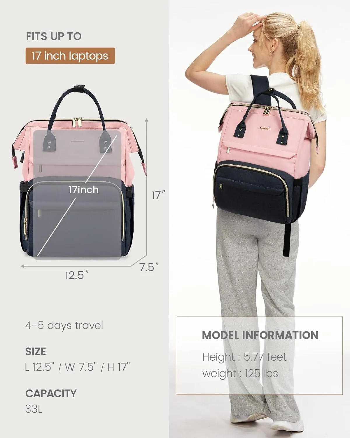 LOVEVOOK Laptop Backpack for Women Fashion Business Computer Backpacks Travel Bags Purse Doctor Nurse Work Backpack with USB Port, Fits 17-Inch Laptop Pink Navy