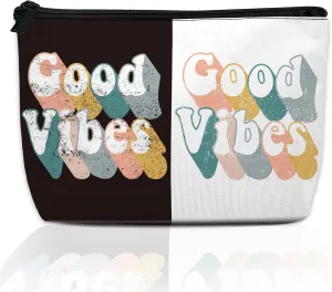 Makeup Bag for Purse, Waterproof Funny Good Vibes Vintage Colors Cosmetic Bag for Women, Zipper Travel Toiletry Pouch Gift 9.55.9 Inch
