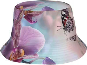 Orchid Flower Butterfly Soft Fresh Spring Printing Bucket Hat Unisex Fisherman Cap for Men Women Outdoor Travel Beach Fishing Black