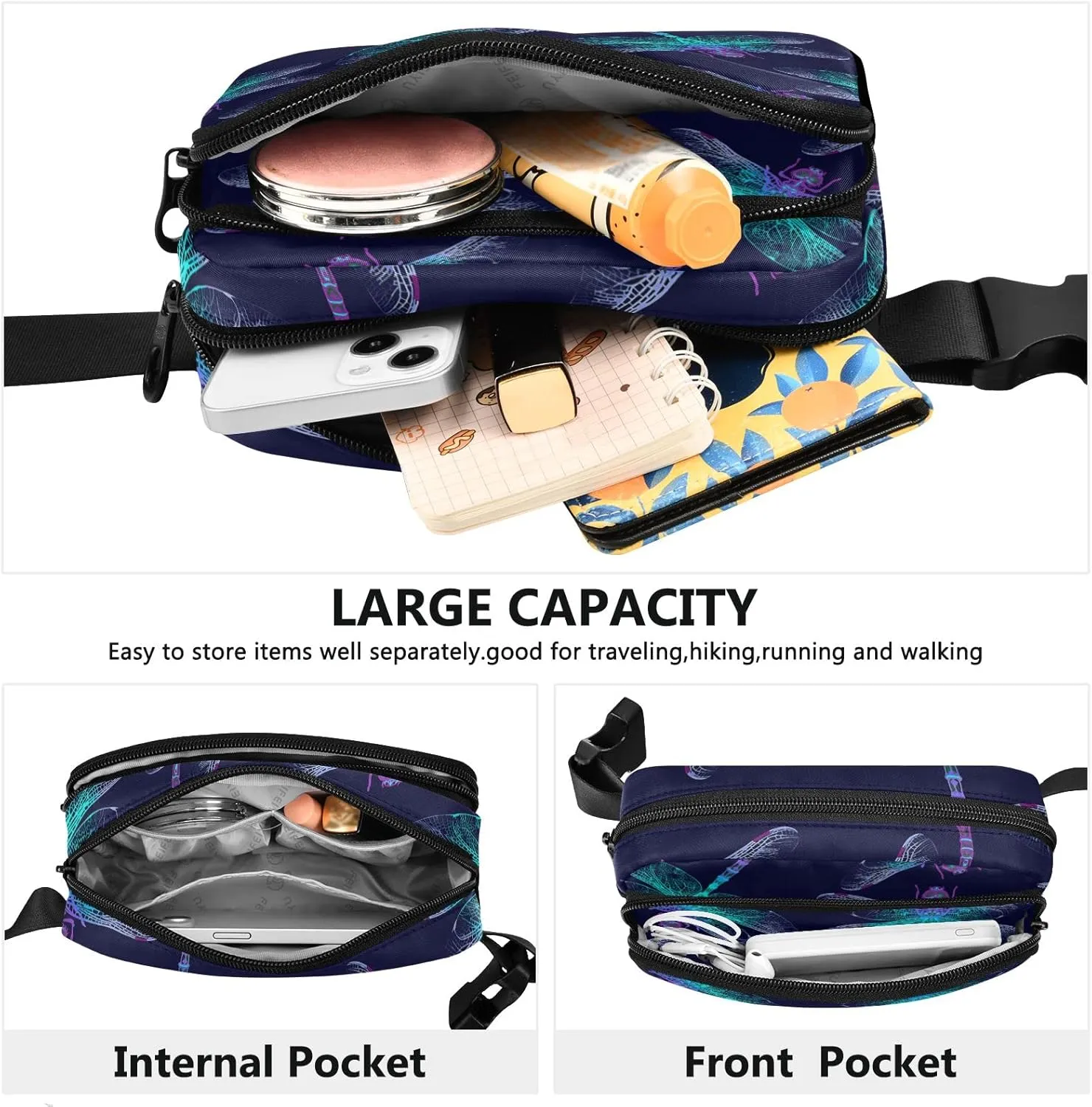 Oyihfvs Blue Dark Dragonfly Adjustable Fanny Waist Pack Pouch, Waterproof Runners Sports Waist Pack Wallet for Sports Hiking Fitness Cycling Gym Women Men