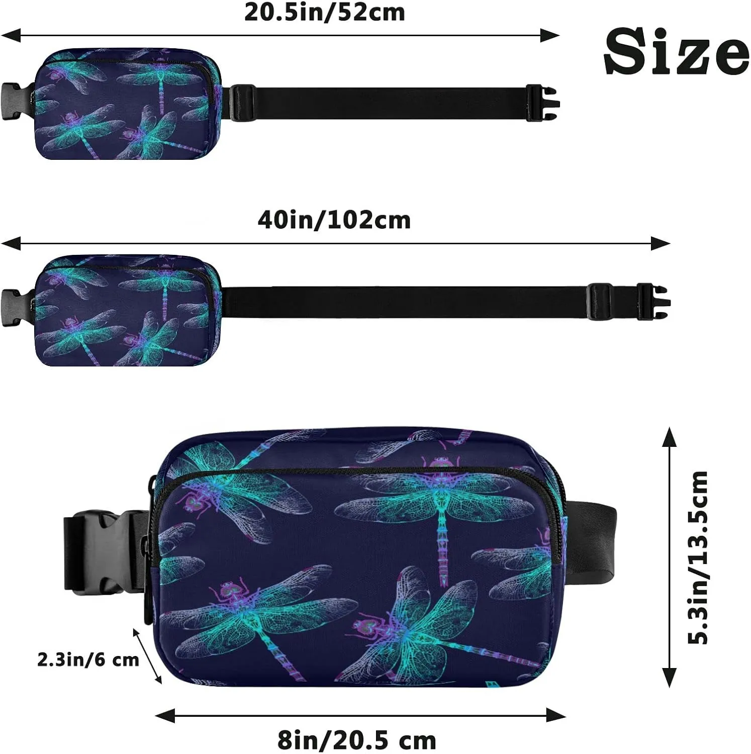 Oyihfvs Blue Dark Dragonfly Adjustable Fanny Waist Pack Pouch, Waterproof Runners Sports Waist Pack Wallet for Sports Hiking Fitness Cycling Gym Women Men