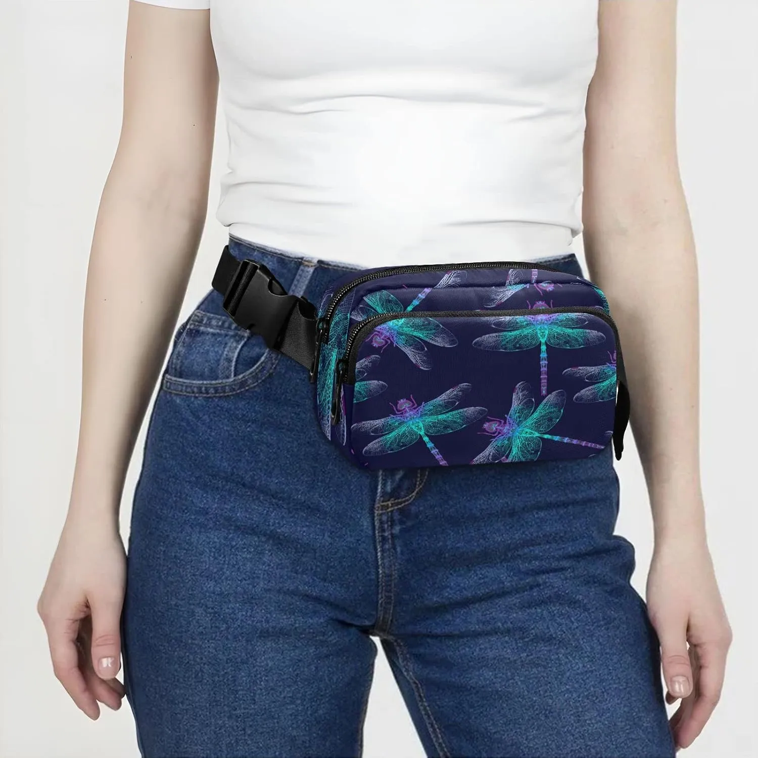 Oyihfvs Blue Dark Dragonfly Adjustable Fanny Waist Pack Pouch, Waterproof Runners Sports Waist Pack Wallet for Sports Hiking Fitness Cycling Gym Women Men