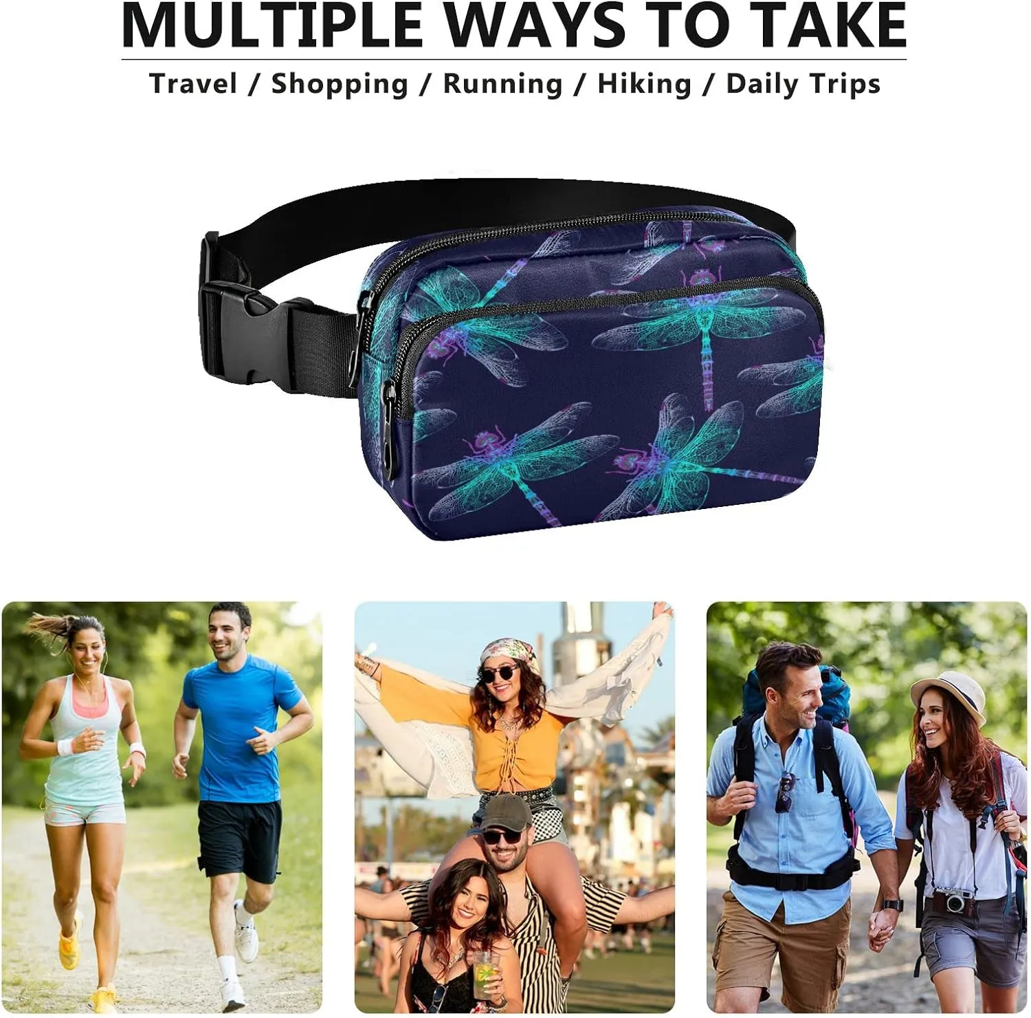 Oyihfvs Blue Dark Dragonfly Adjustable Fanny Waist Pack Pouch, Waterproof Runners Sports Waist Pack Wallet for Sports Hiking Fitness Cycling Gym Women Men