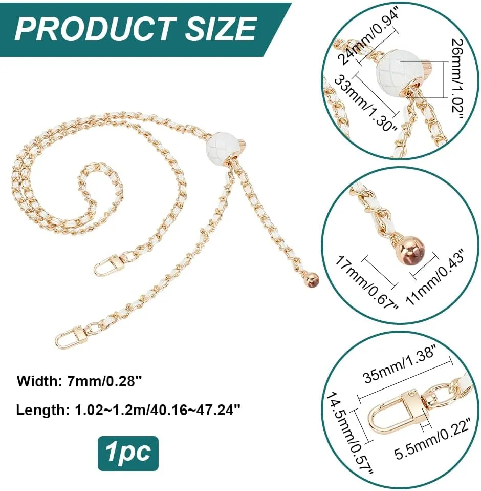 PH PandaHall 40~47 Inch Purse Chain Strap Adjustable, Thin Purse Chain Woven Leather Replacement Strap White PU Leather Bag Strap with Golden Metal Chain for Women Shoulder Bag Crossbody Bag