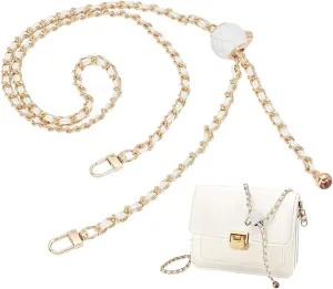 PH PandaHall 40~47 Inch Purse Chain Strap Adjustable, Thin Purse Chain Woven Leather Replacement Strap White PU Leather Bag Strap with Golden Metal Chain for Women Shoulder Bag Crossbody Bag