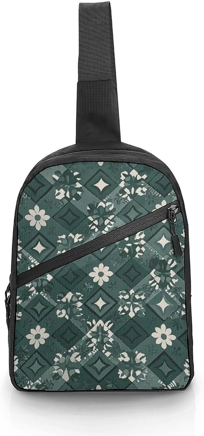 Sling Bag for Women Men Daypack Diamond Green Pattern Chest Bag Crossbody Backpack for Hiking Travel