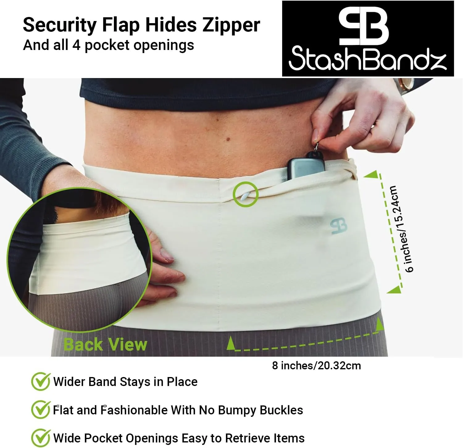 StashBandz Unisex Travel Money Belt, Running Belt, Fanny and Waist Pack, 4 Large Security Pockets and Zipper, Fits All Size Phones Passport and More