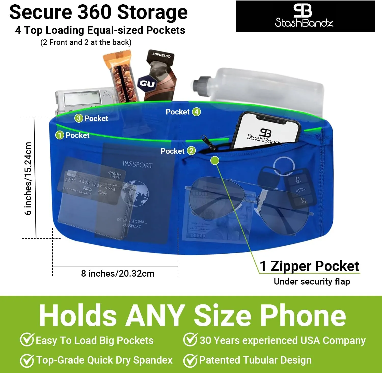 StashBandz Unisex Travel Money Belt, Running Belt, Fanny and Waist Pack, 4 Large Security Pockets and Zipper, Fits All Size Phones Passport and More