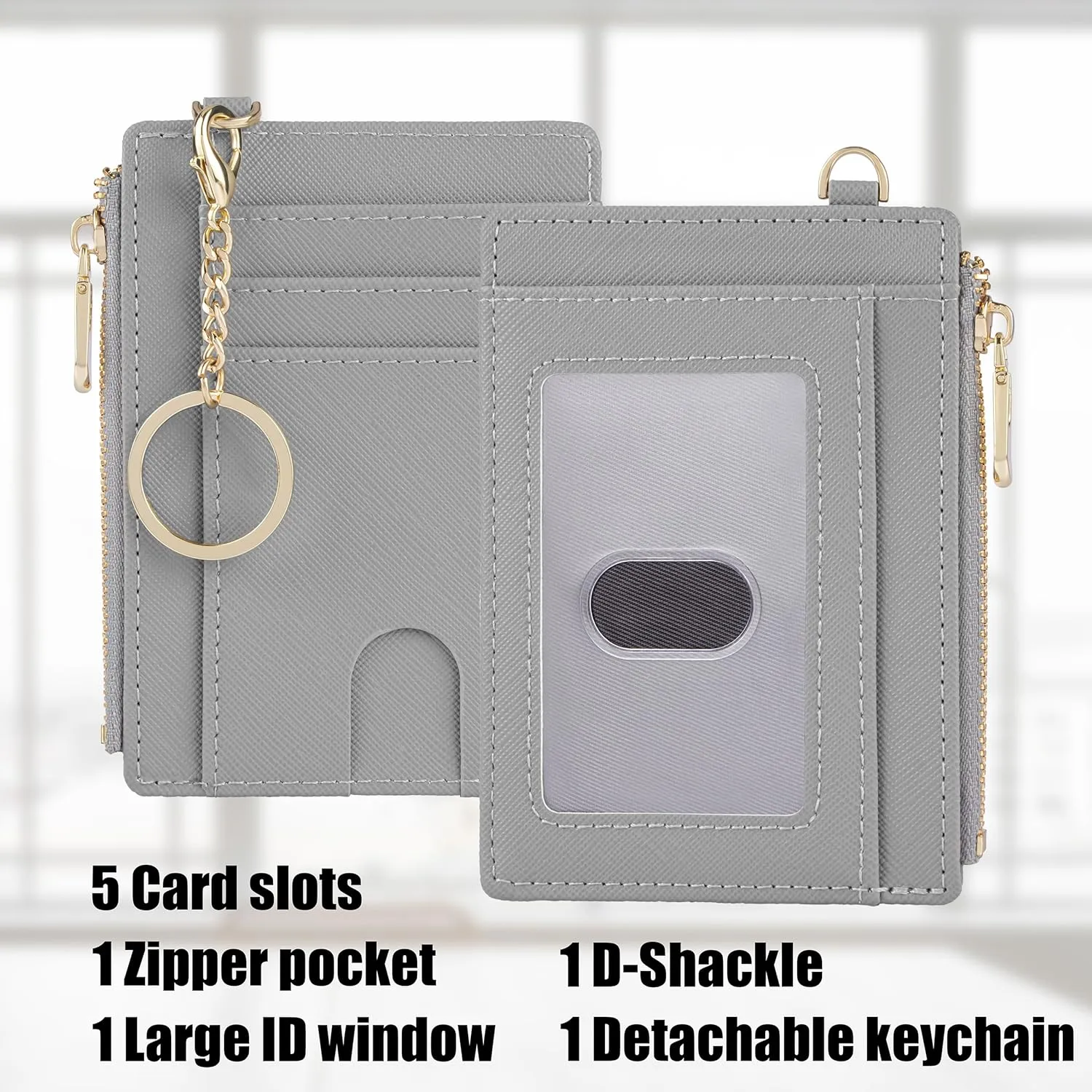 Suweibuke Slim Pocket Wallet, RFID Blocking Credit Card Holder Wallet with D-Shackle ID Window and Detachable keychain for Women (A-Grey)