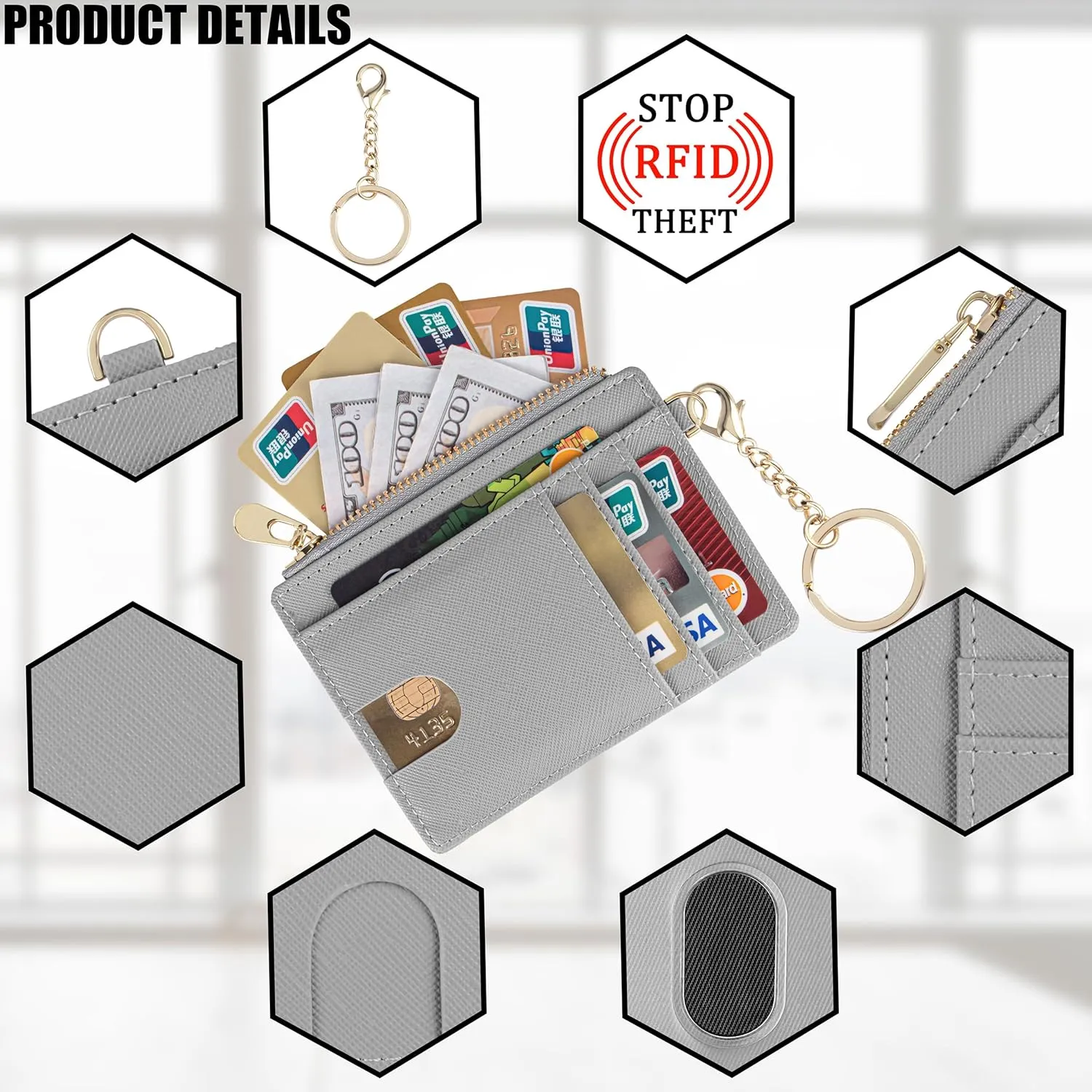 Suweibuke Slim Pocket Wallet, RFID Blocking Credit Card Holder Wallet with D-Shackle ID Window and Detachable keychain for Women (A-Grey)