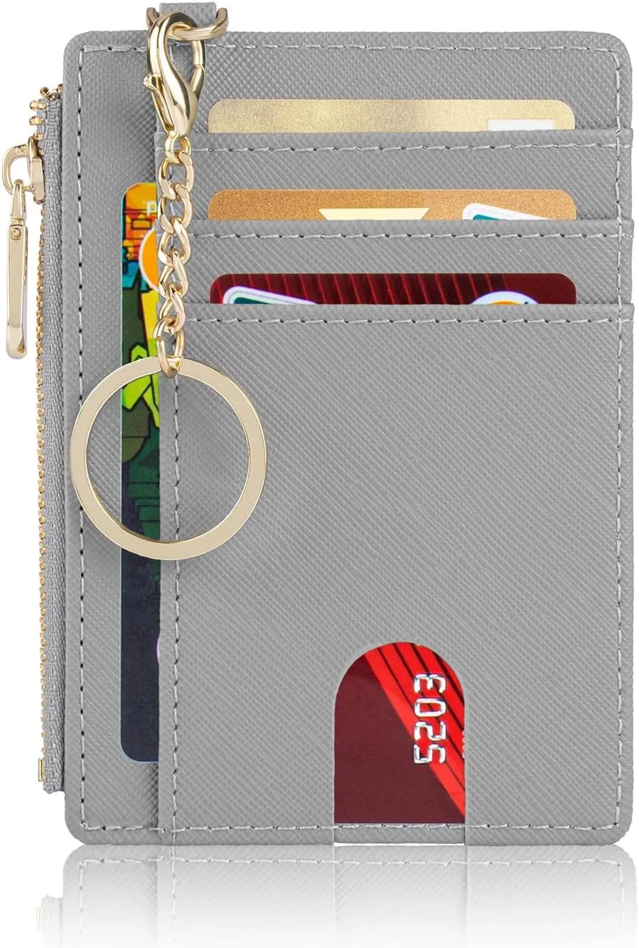 Suweibuke Slim Pocket Wallet, RFID Blocking Credit Card Holder Wallet with D-Shackle ID Window and Detachable keychain for Women (A-Grey)