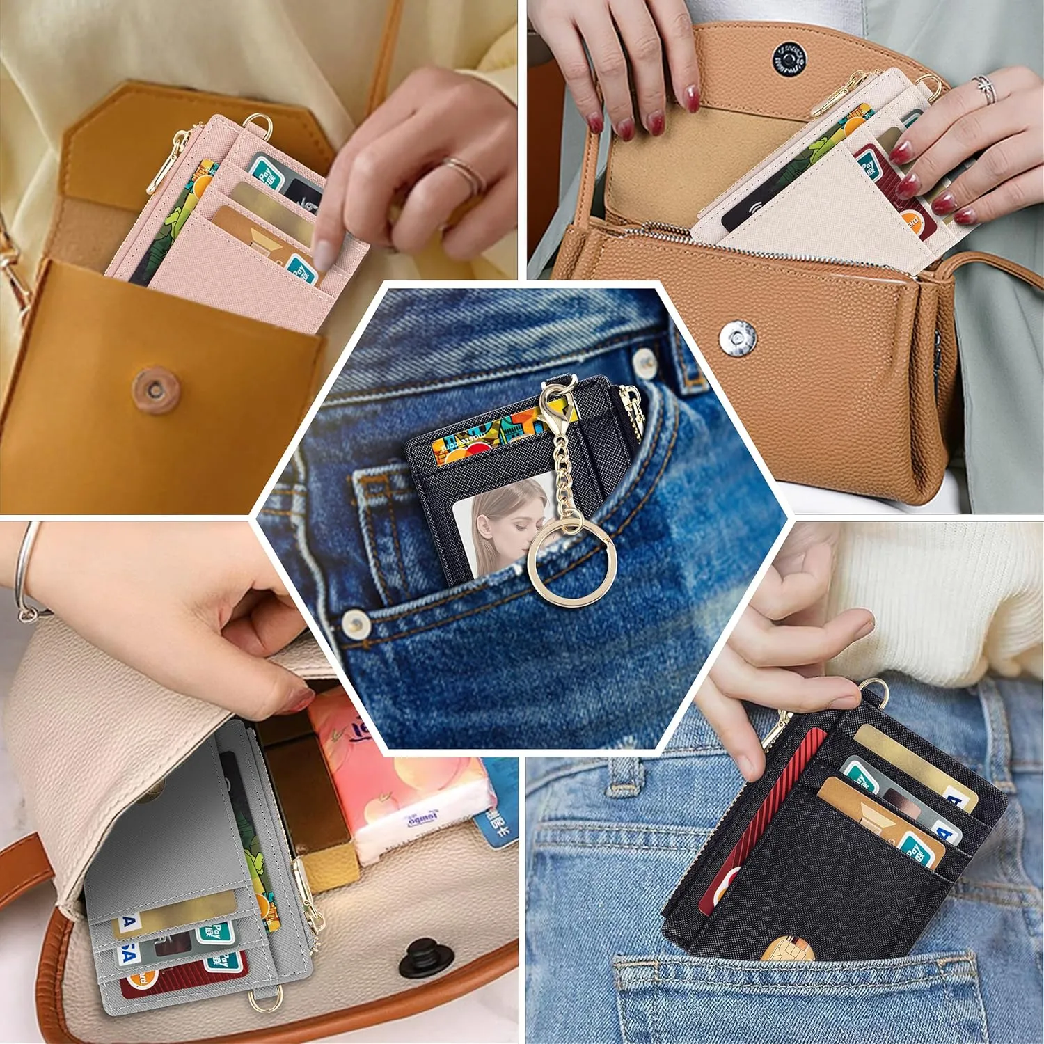 Suweibuke Slim Pocket Wallet, RFID Blocking Credit Card Holder Wallet with D-Shackle ID Window and Detachable keychain for Women (A-Grey)