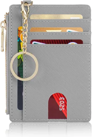 Suweibuke Slim Pocket Wallet, RFID Blocking Credit Card Holder Wallet with D-Shackle ID Window and Detachable keychain for Women (A-Grey)