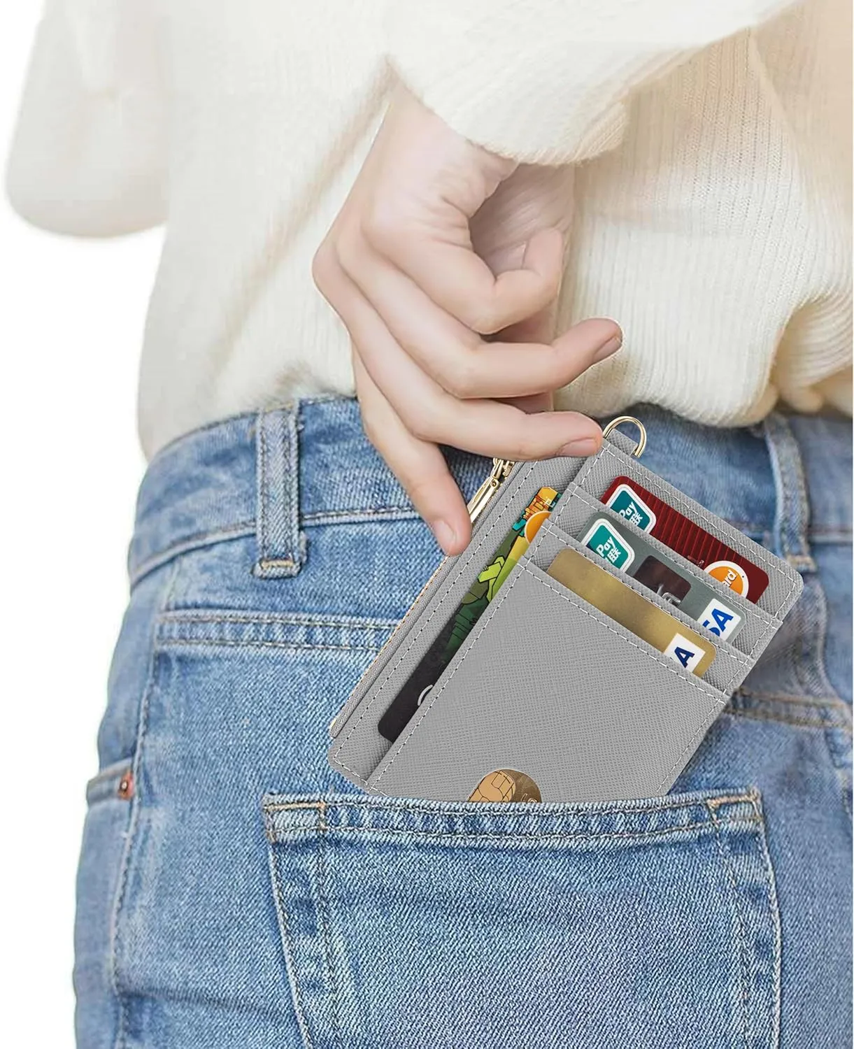 Suweibuke Slim Pocket Wallet, RFID Blocking Credit Card Holder Wallet with D-Shackle ID Window and Detachable keychain for Women (A-Grey)
