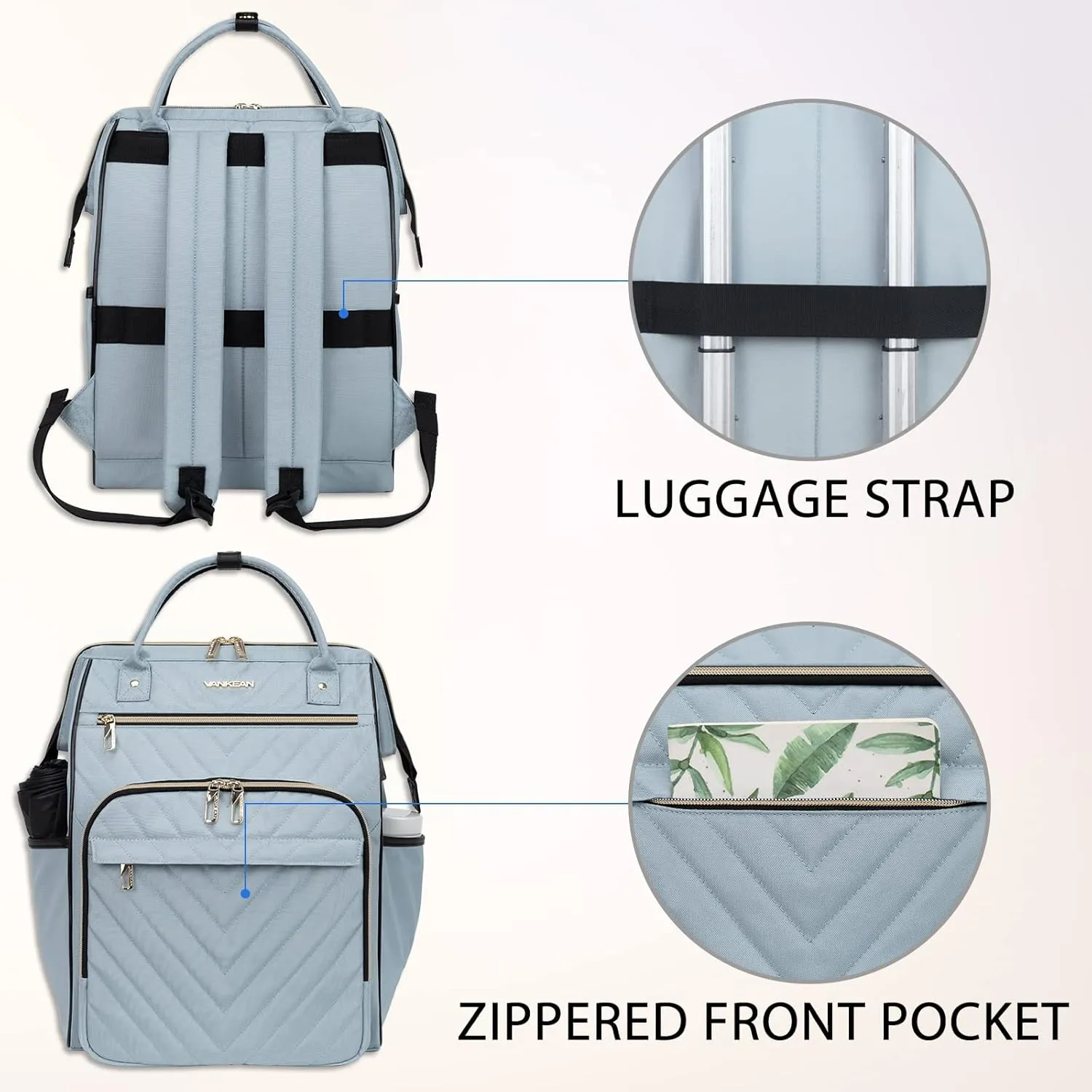 VANKEAN 17 Inch Laptop Backpack for Women Men Fashion Computer Work Bag, Large Capacity Waterproof, with USB Port & RFID Pockets, College Daypack Business Travel Backpack, Light Blue