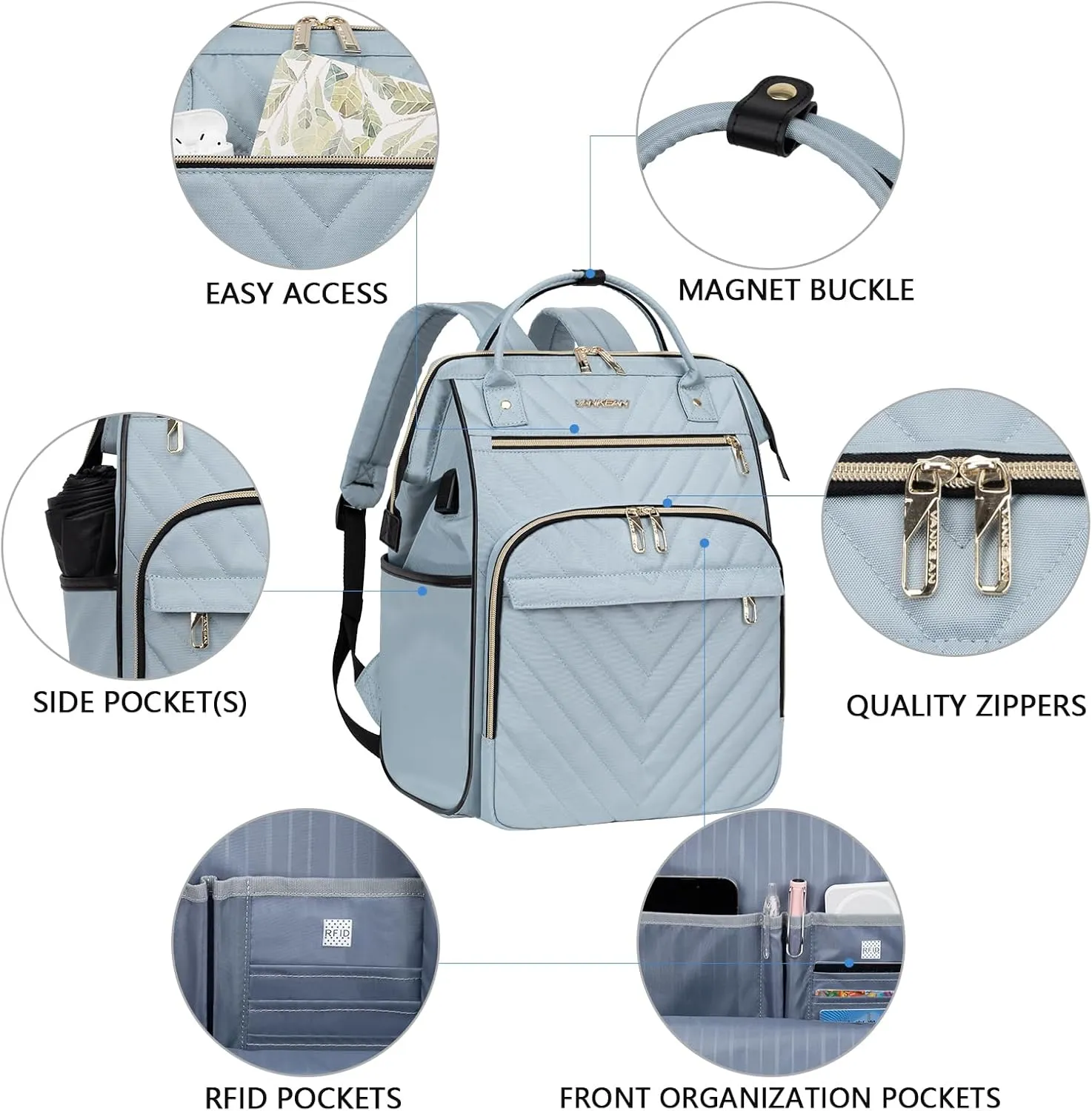 VANKEAN 17 Inch Laptop Backpack for Women Men Fashion Computer Work Bag, Large Capacity Waterproof, with USB Port & RFID Pockets, College Daypack Business Travel Backpack, Light Blue