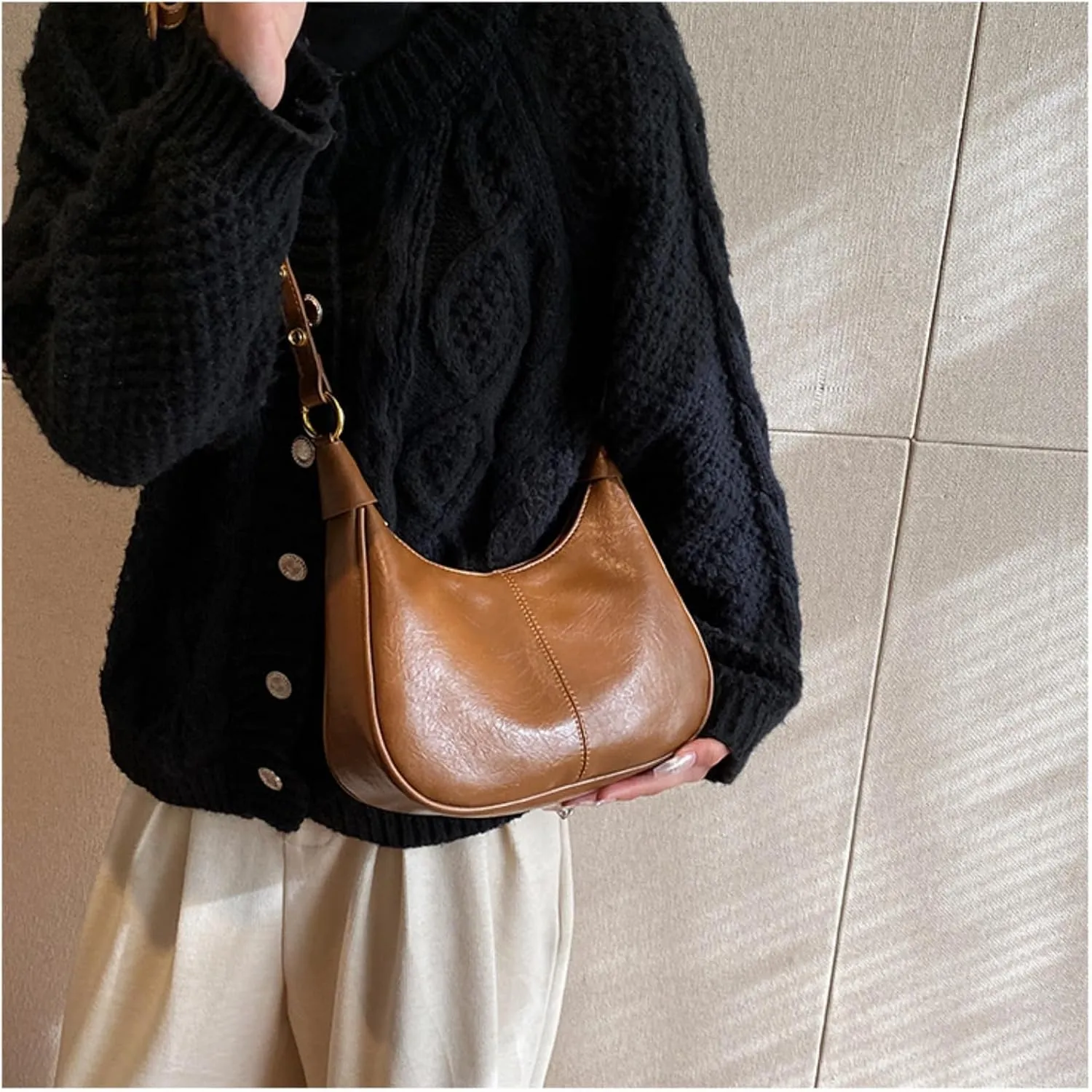 Vintage PU Leather Hobo Shoulder Bag Women Crescent Small Crossbody Handbag Versatile Wallet Everyday Purse 2025