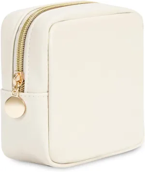 Wandering Nature Small Makeup Bag for Purse Mini Make up Pouch Cute Cosmetic Pouch for Women with Slip-in Pockets Matte Leather, Milky White
